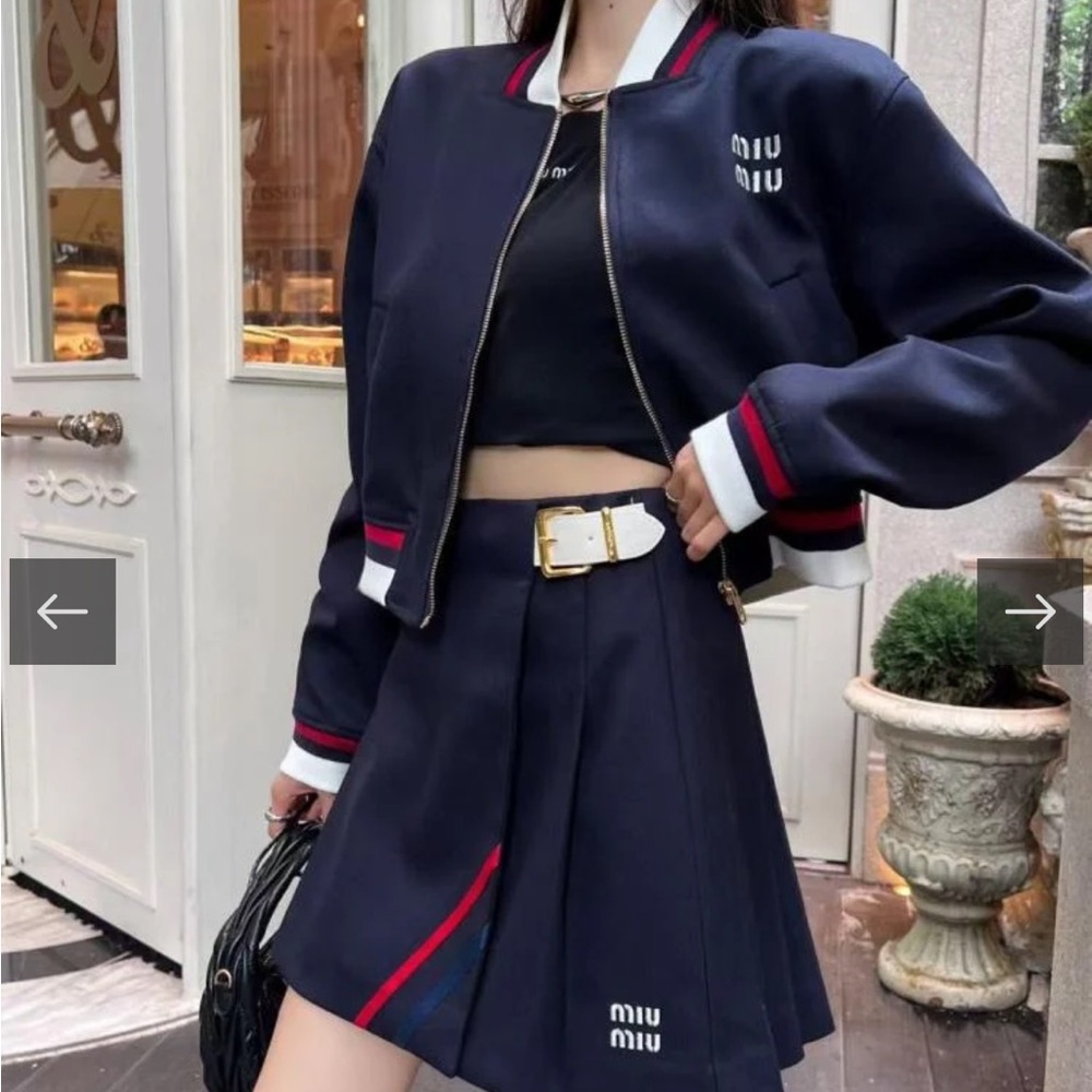 Miu Miu Navy Blue Bomber Jacket with Red and White Trim